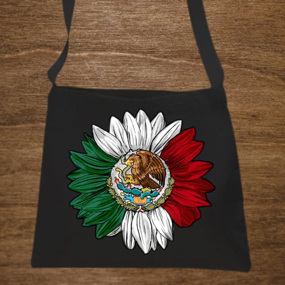 Mexico Flag Sunflower Cotton Canvas Crossbody Messenger Tote Bag with Long Strap - Picture 6 of 8